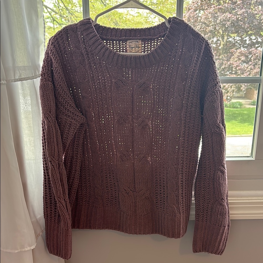 Hippie Rose Pink/Brown Crew Neck Cable Knit Sweater